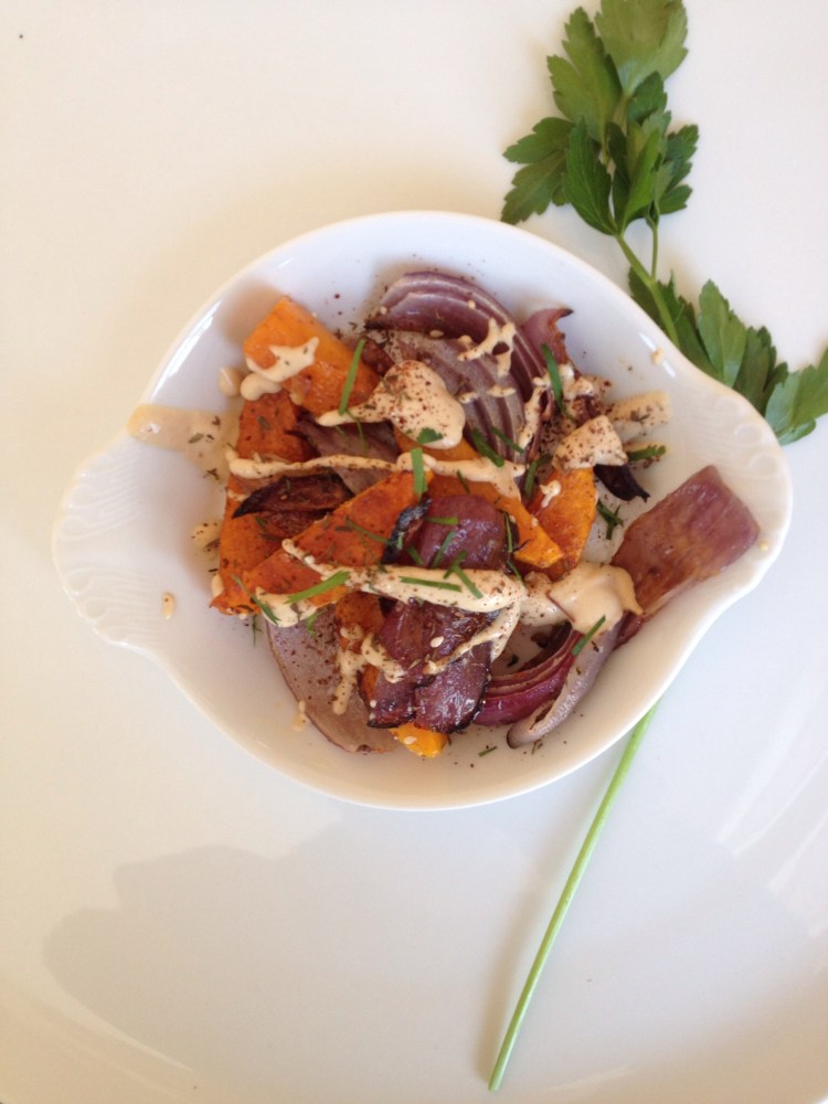 Roasted Butternut squash & Red Onion with Tahini